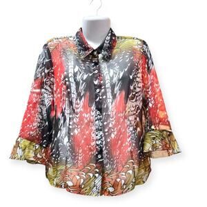 Nicola Women's Floral Multicolor Long Sleeve Button Front Sheer Blouse | Size L